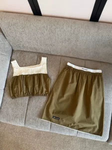 跨境高品质MU家拼接短款背心+织带腰头半身裙套装女时尚简约新款