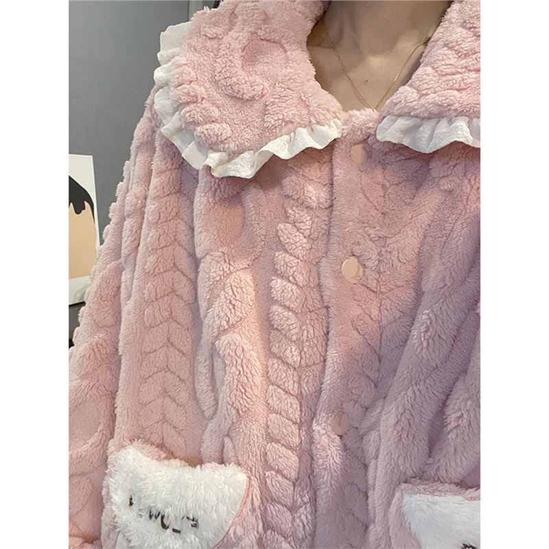 秋冬季珊瑚绒睡衣女款大码加厚保暖法兰绒可外穿春粉红家居服套装|undefined