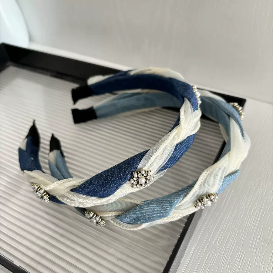 新款牛仔水钻合金高档头箍高颅顶防滑百搭高级感轻奢发卡简约发饰
