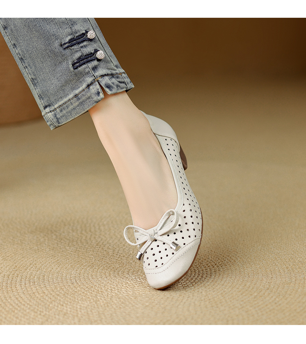 Giày sandal nữ hở mũi gót thấp 3,5 cm, thiết kế đục lỗ thoáng mát, phong cách đơn giản bốn mùa — màu trắng ngà chi tiết 12