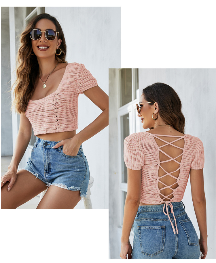 Short Cropped Knitted Hollow Open Back Short-Sleeved Knitted Top NSYH97052