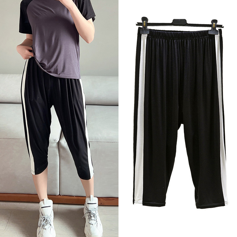 2023 Summer Thin Modal Outer Wear Cropped Pants Women's Slim-Fit Side White Bar Casual Pants Large Size Sports Pants High Waist