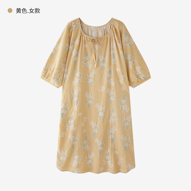 かわいい多62-フレンチパジャマ女性夏純綿ガーゼパジャマ七分袖ゆるい大サイズ綿妊婦ロングスカート