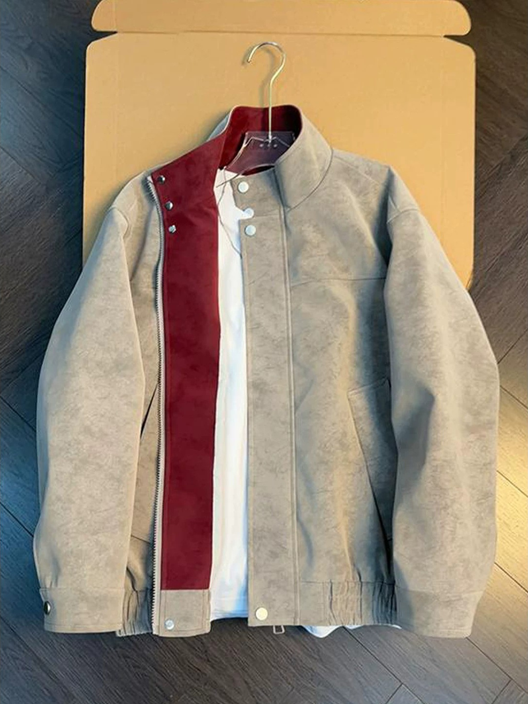 Kişi dəri gödəkçə, retro rəng bloklu, dik yaxalı