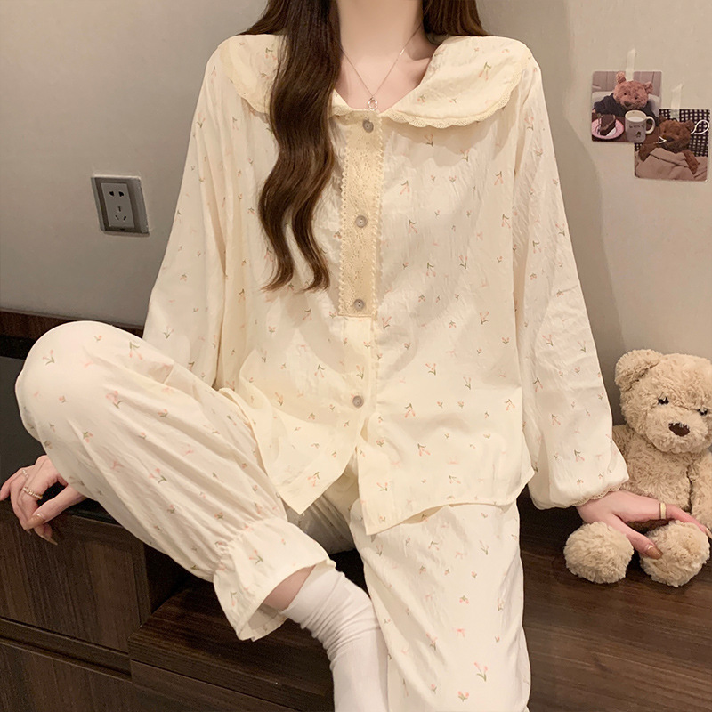云朵棉睡衣女2025春秋季新款韩版公主风碎花薄款长袖家居服两件套|undefined