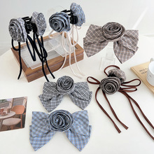 商场某豆家专柜款  韩国进口格纹立体玫瑰飘带抓夹布艺蝴蝶结发夹