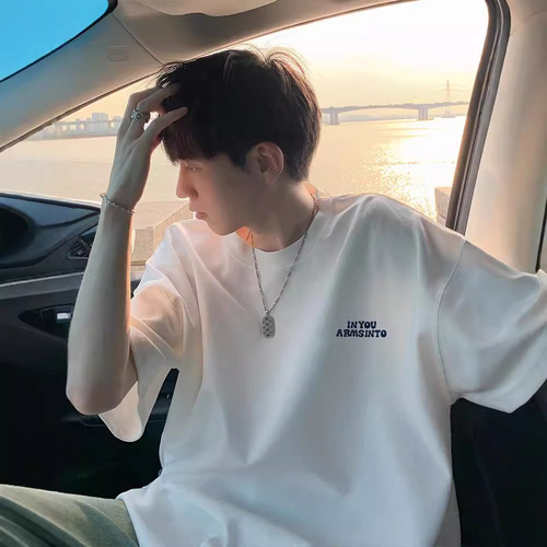 American streetwear pure cotton short-sleeve men's summer fashion design sense heavy-duty T-shirt loose casual versatile five-and-a-half sleeve