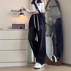 美式高街阔腿牛仔裤女春秋新款潮牌设计感水洗做旧宽松直筒阔腿裤