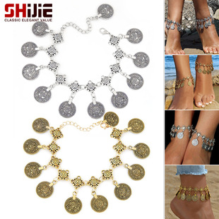 Bohemian Fashion Ethnic Style Retro Alloy Carved Coin Pendant Tassel Anklet Bracelet Dual-Use Accessories