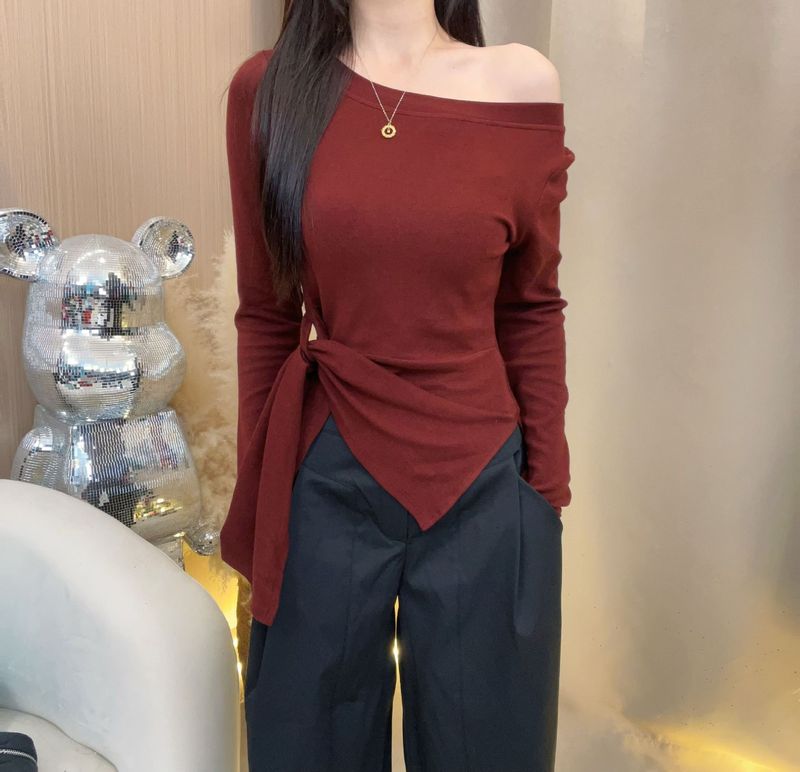 韩系条纹不规则开叉斜肩长袖T恤女装早秋季收腰设计感别致上衣潮|undefined