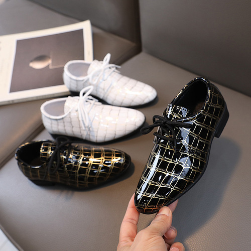 Boys' Leather Shoes School Performance Little Boy Performance Spring and Autumn Single Shoes British Style Black and White Checkered Student Children's Leather Shoes