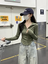 polo领设计感2024早春新款小衫设计感长袖T恤女装短款上衣