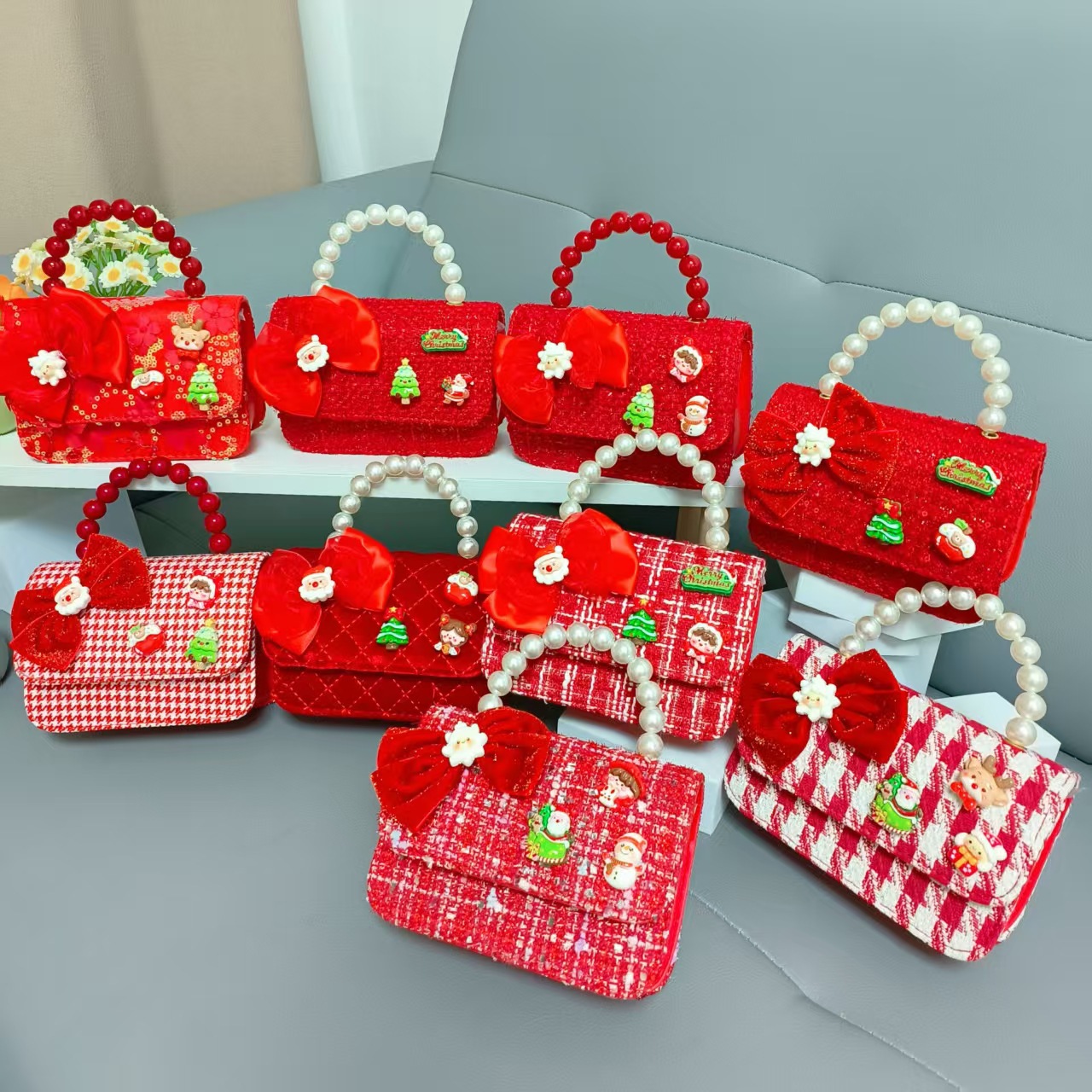 Cartera de Año Nuevo rojo arco de papá Noel bolso de perla pequeña cadena de viento fragante bolso de hombro