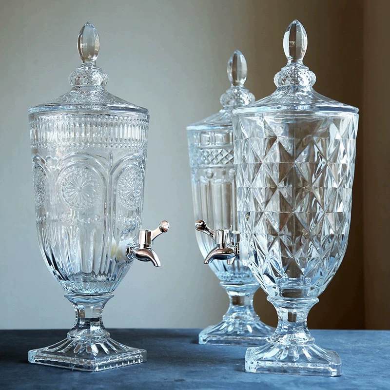 Тисненая прозрачная стеклянная бутылка для напитков большой емкости в европейском стиле с краном банка для сока в вестибюле отеля бутылка для холодной воды стеклянная банка