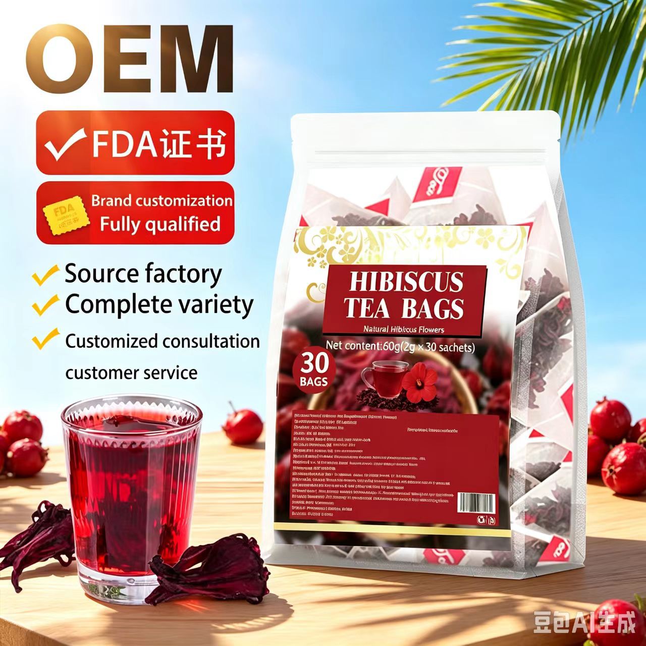 Roselle Hibiscus Tea Bags Luo Shen Hua 2g x 30 Pyramid Bags Dried Herbal Flower Tea 60g specifications