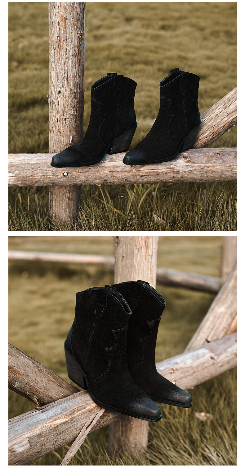 Boot cao bồi nữ da lộn mũi nhọn gót thô cổ thấp — Lớp lót nhung màu kaki chi tiết 5