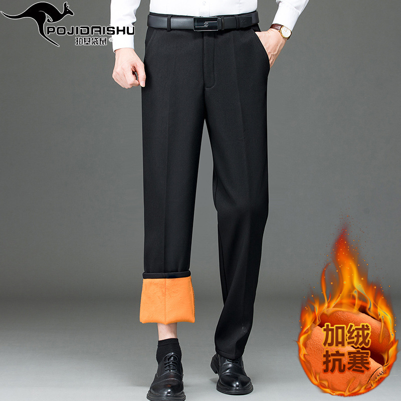 Perki canguro invierno forrado de lana engrosada pantalones de traje caliente de los hombres de mediana edad casual pantalones de traje formal pantalones de mediana edad y ancianos Pantalones