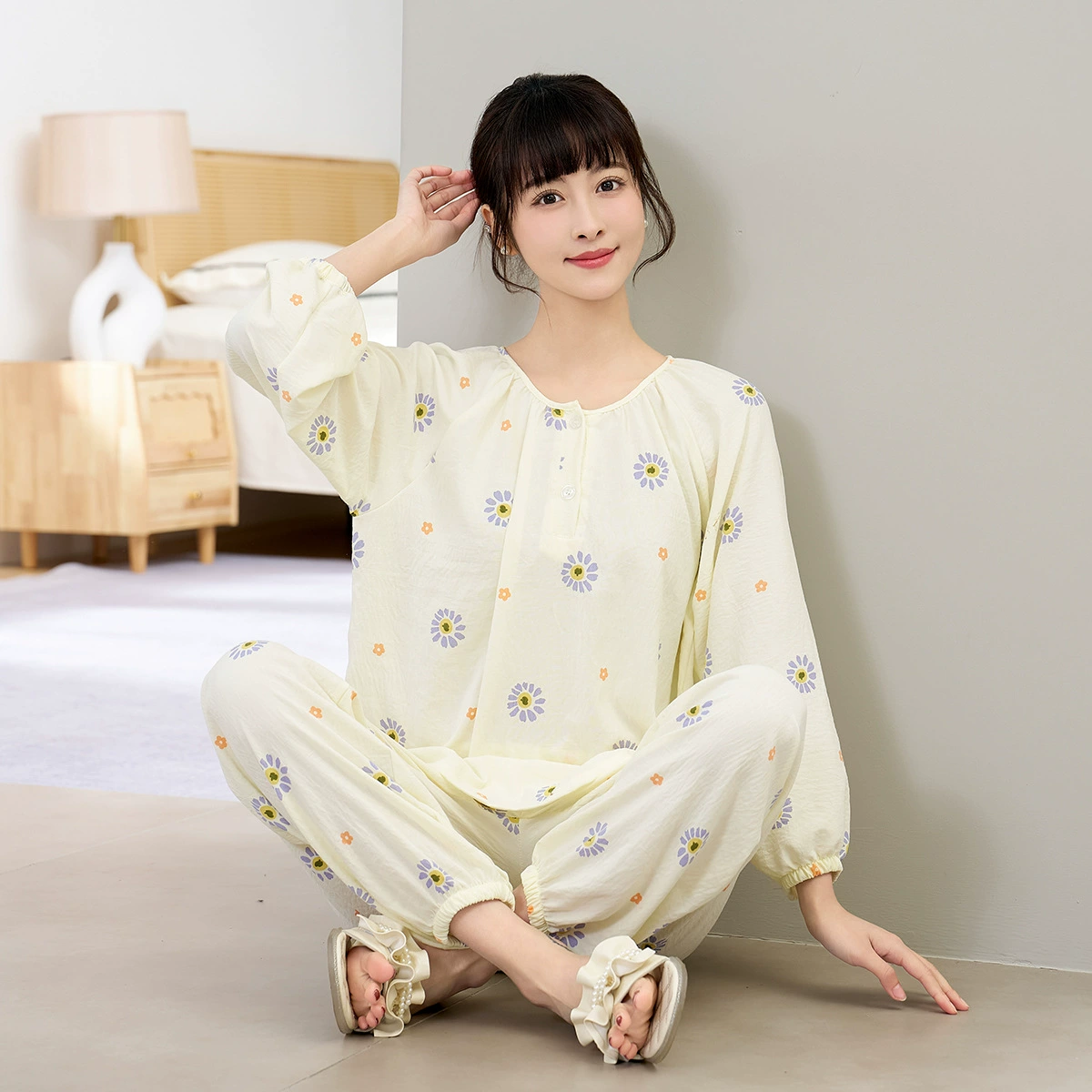 Весенняя и осенняя новая хлопковая шелковая пижама женская хлопковая шелковая пуговица с длинными рукавами костюм корейская модная облачная хлопковая тонкая домашняя одежда