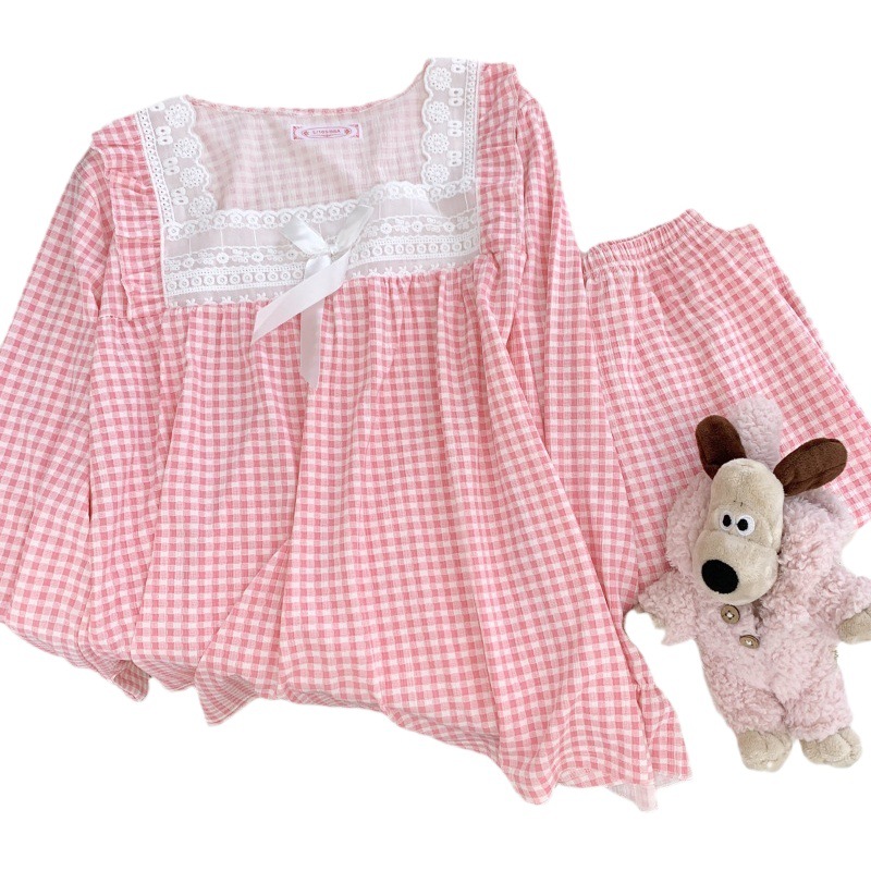 Estilo japonés Rosa Plaid pijamas para las mujeres primavera y otoño dulce princesa estilo manga larga más tamaño grasa M homewear