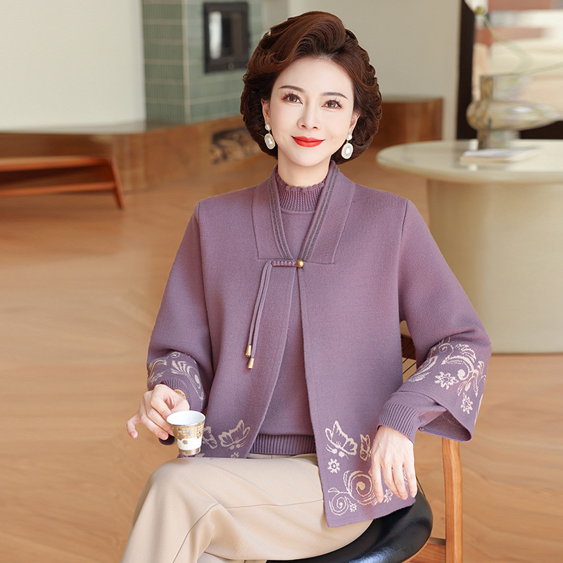 2025妈妈春装新款外套新中式中年妇女长袖上衣中老年人针织两件套|undefined