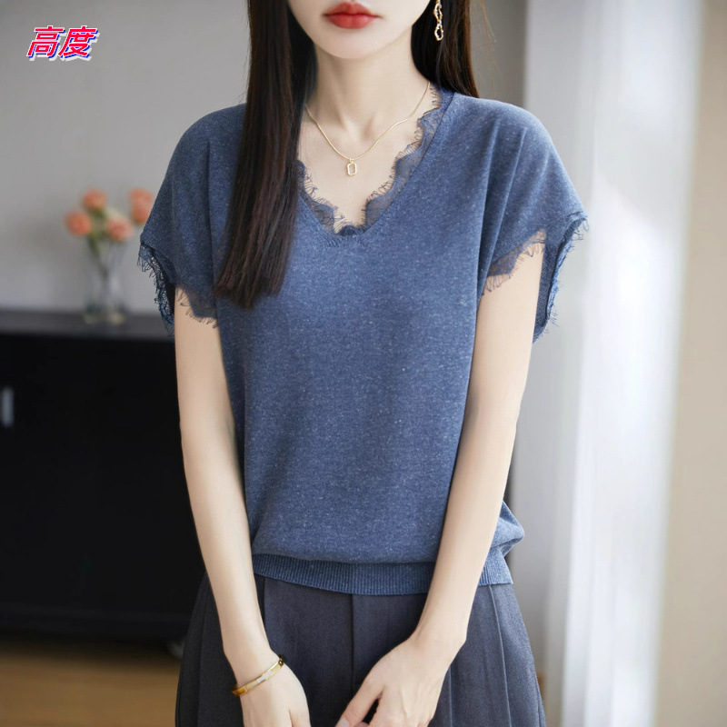 Summer New V Neck Lyocell Tencel Lace Knitted Short-Sleeved T-Shirt Thin Slimming Look Versatile Vest Top