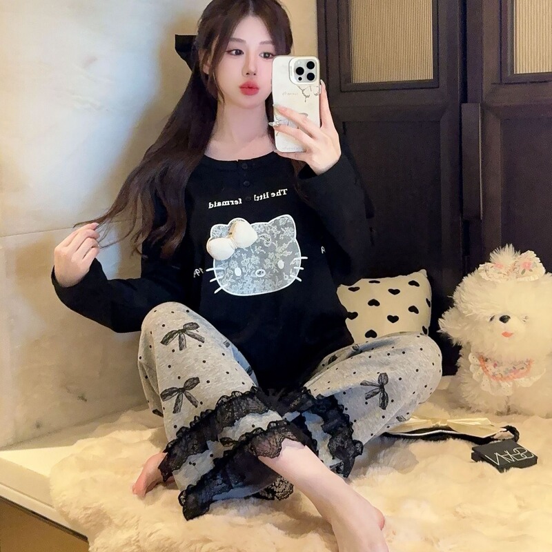Little Bear Home Clothes Women's Autumn Long Sleeve Cute Cartoon Kt Sweet Bow Lace Pajamas Set Women