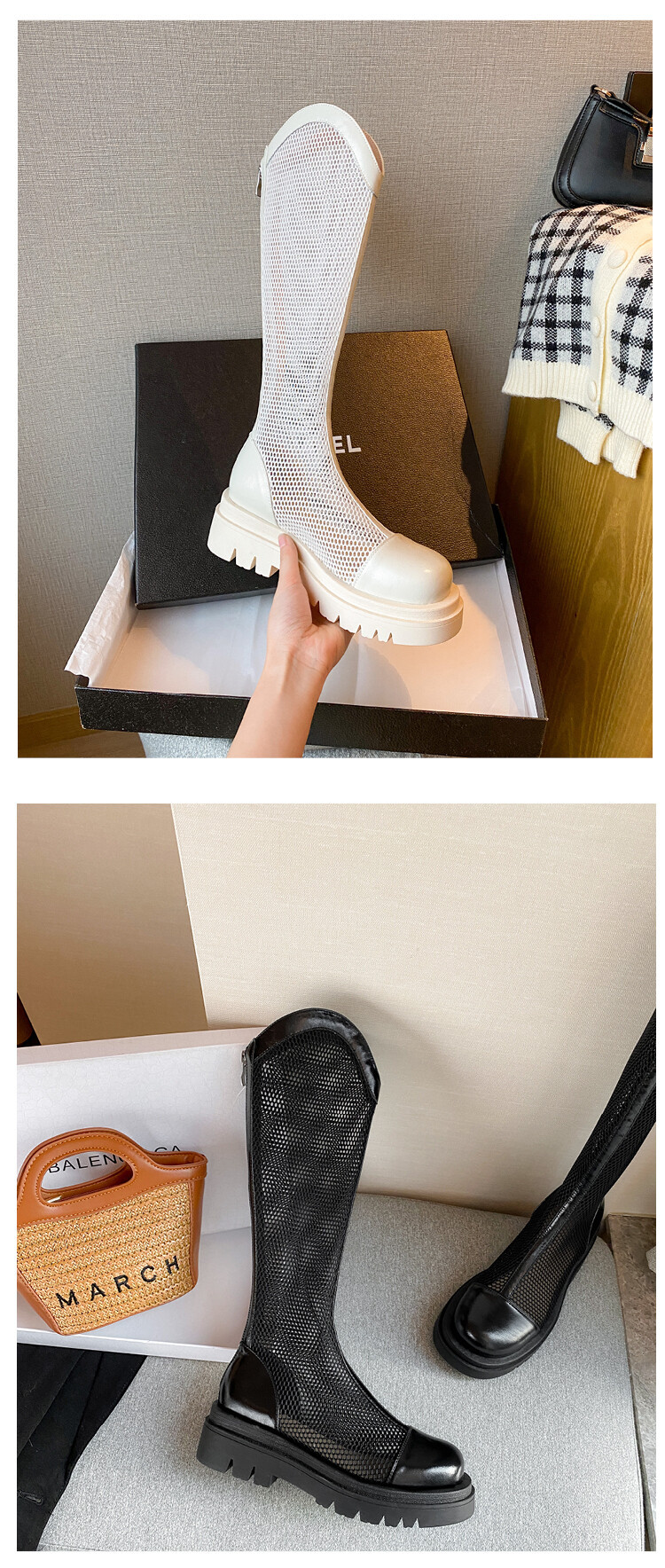 Boot nữ da lưới thoáng khí mùa hè, đế dày rỗng, ống rộng cho chân to — Màu nâu ống lớn, Màu đen cổ ống lớn, Ống nhỏ màu đen, Ống nhỏ màu be chi tiết 60