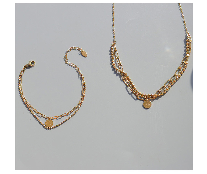 15g Weight No Inlaid Inlay Material Titanium Steel Material Printing Pattern Women'S Gender Gold, Silver Color Lucky Round Brand Double Layer Necklace, Bracelet Set Round Beads Necklace Clavicle Chain Titanium Steel 18k Gold Plating P853-e184 10