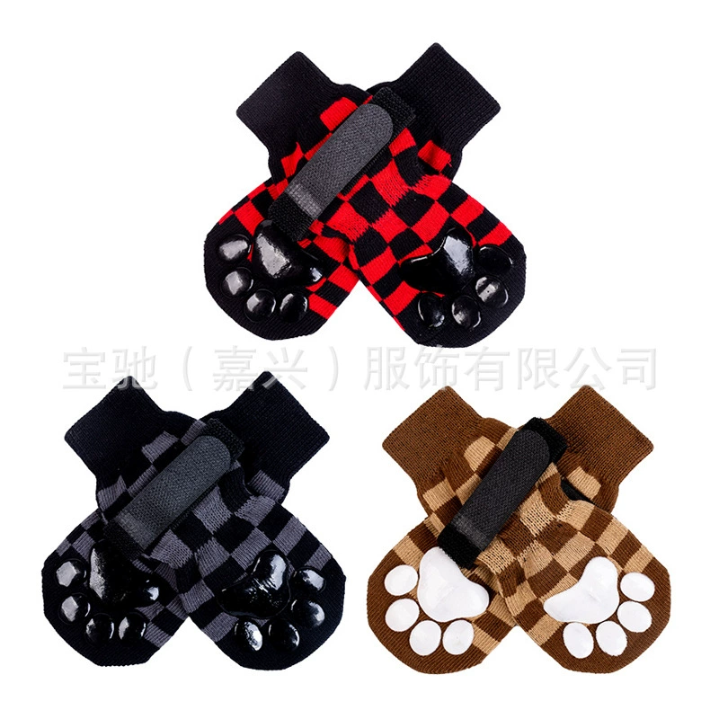 Осенне-зимние теплые носки для собак, чем носки для домашних животных с медведем Тедди, шахматная доска, проверка, защита от царапин, защита от грязи, нескользящее покрытие для ног