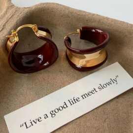 2025新款铜镀18K真金滴油潮欧美小众圆鼓耳环酒红色立体感耳饰女