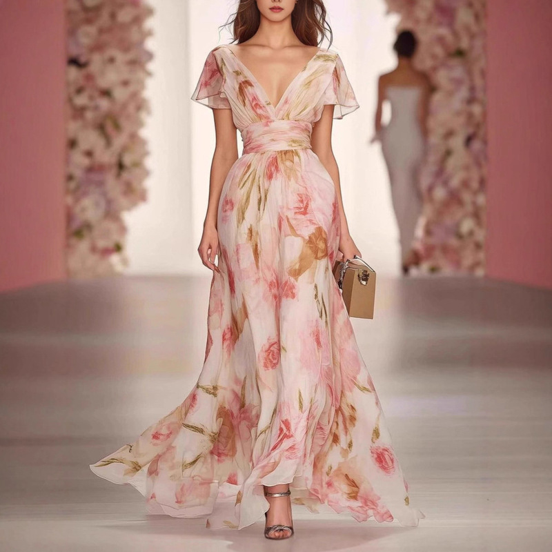 2025 European and American New High-Waist Printed French Short-Sleeved Dress Holiday Evening Dress Gentle Style Sweet and Fresh