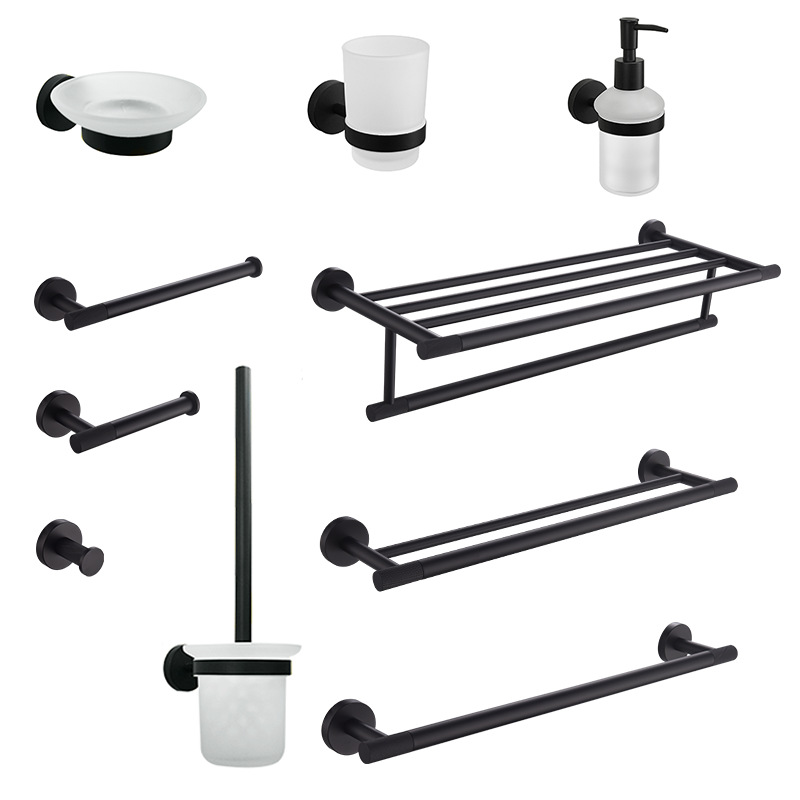 Toallero de baño de acero inoxidable negro mate transfronterizo Toalla de toalla Soporte de toalla de papel Gancho de ropa Baño de hotel Colgante de sala de moleteado de latón