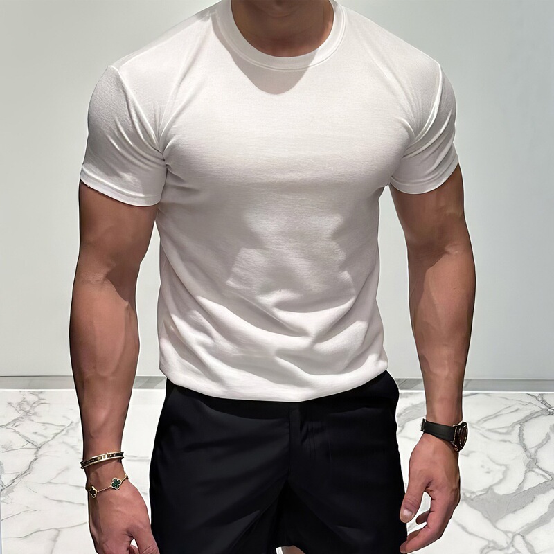 White Round Neck Short-Sleeved T-Shirt for Men, Summer Korean Style Fitness Sports Slim Fit Elastic T-Shirt for Men Showing Off Their Muscles White Round Neck Short-Sleeved T-Shirt for Men, Summer Korean Style Fitness Sports Slim Fit Elastic T-Shirt for Men Showing Off Their Muscles