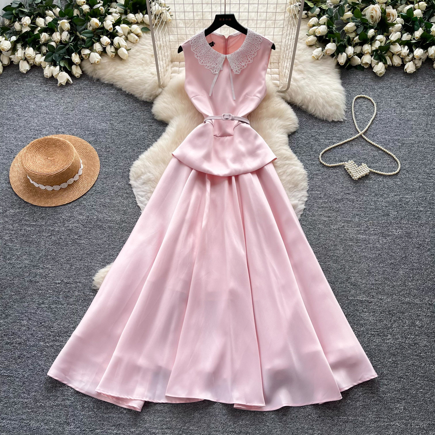 Elegant High-Waisted A-Line Dress Red Lace Peter Pan Collar Summer Commute Suitable Women's Clothing_ecoleips.com