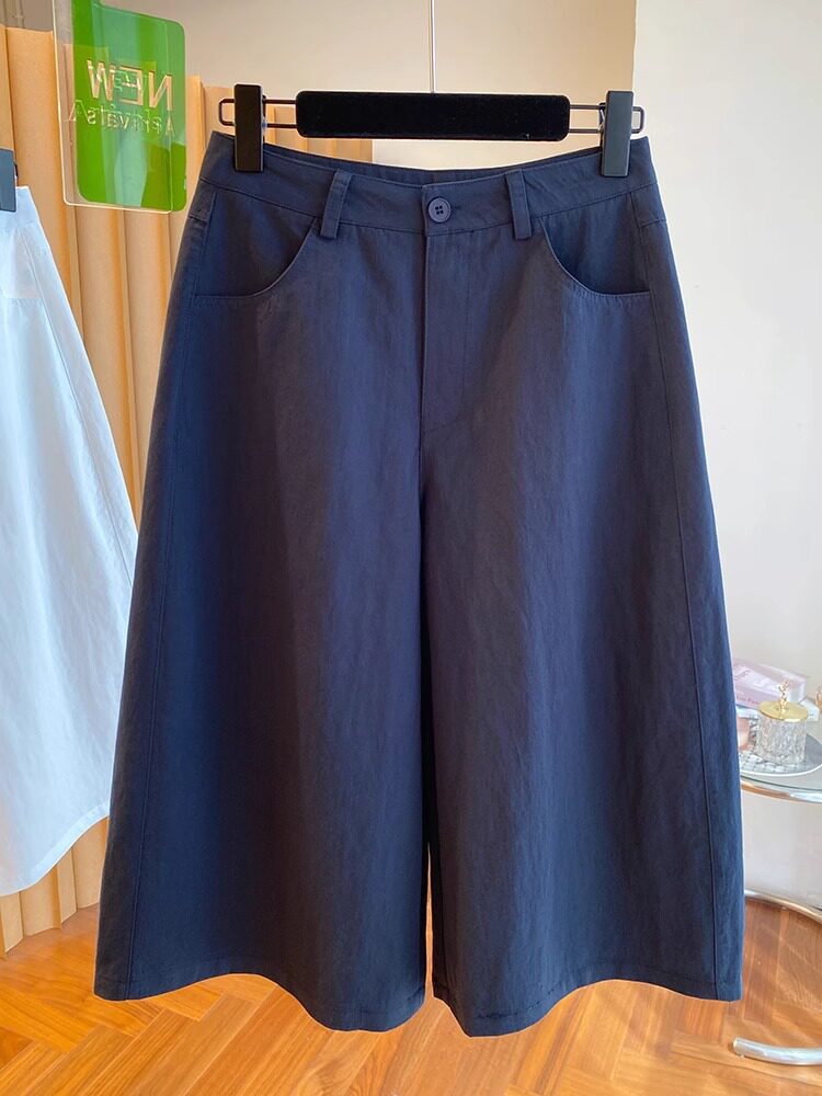 Quần culottes nữ ống rộng cạp cao dáng suông — Xanh lông mòng đen