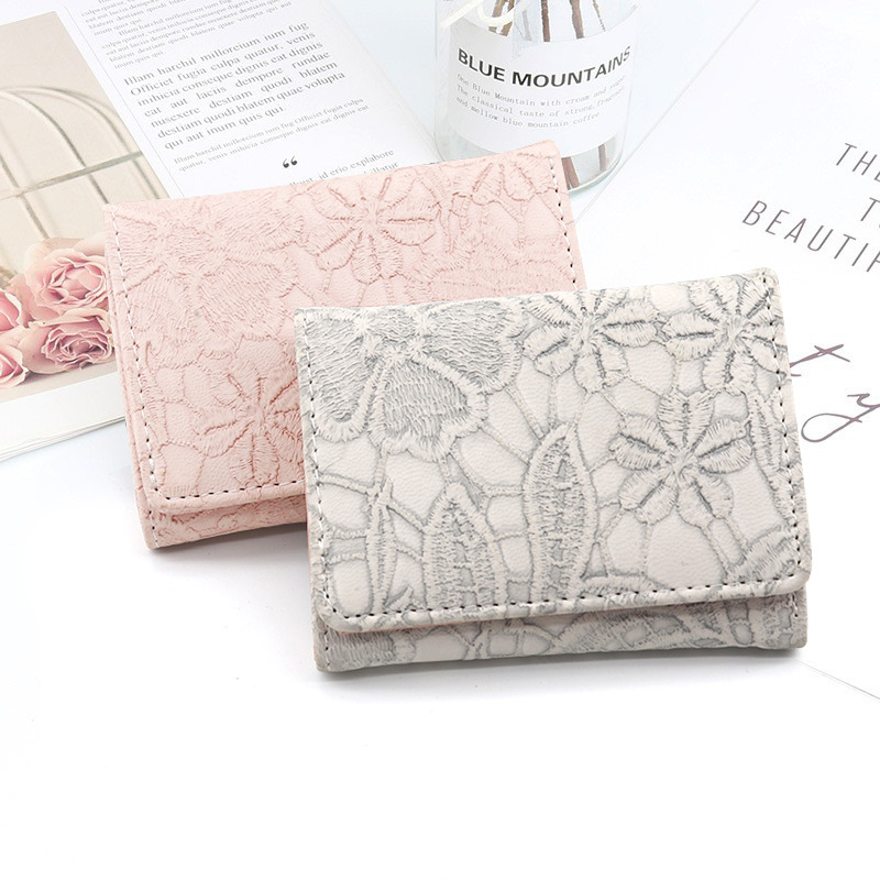 Nuevo tres veces bolso vintage de imitación de encaje de cuero monedero exquisito lindo pequeña cartera femenina tarjeta de Efectivo bolsa integrada