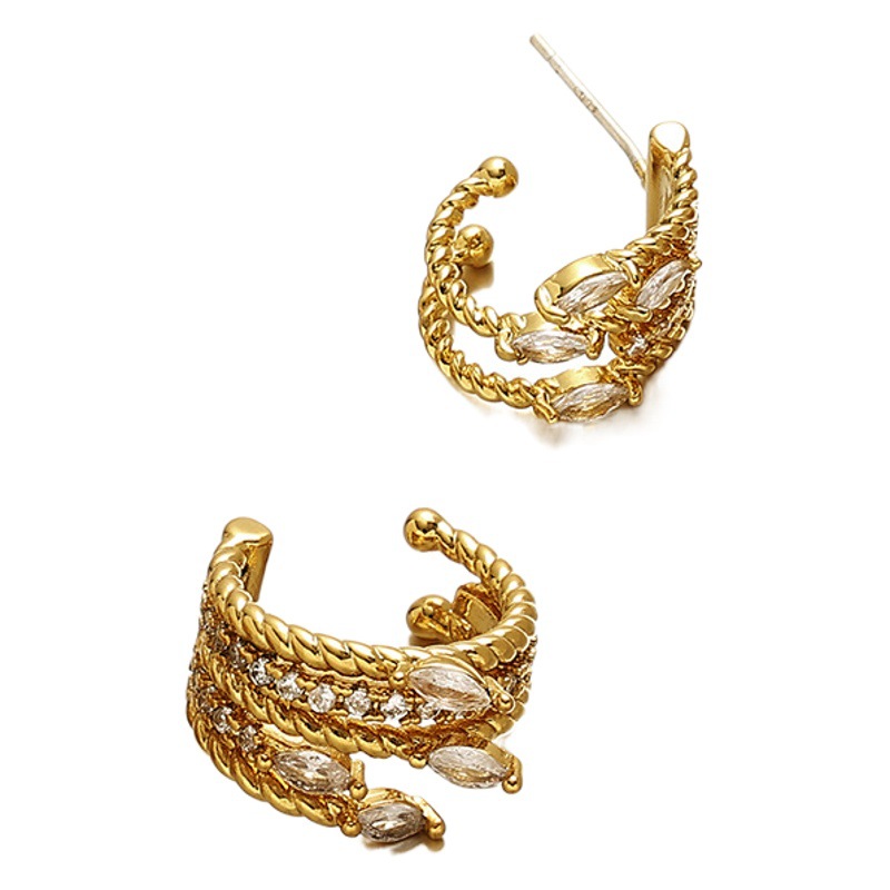 Bronce chapado en oro real 18K retro lujo ligero estilo de zircón incrustado pendientes de torsión de múltiples capas clip de hueso de orejas mujeres image 1