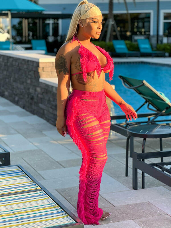 Women's Clothing summer new women's sexy tassel knitted pants suit_voghion.com