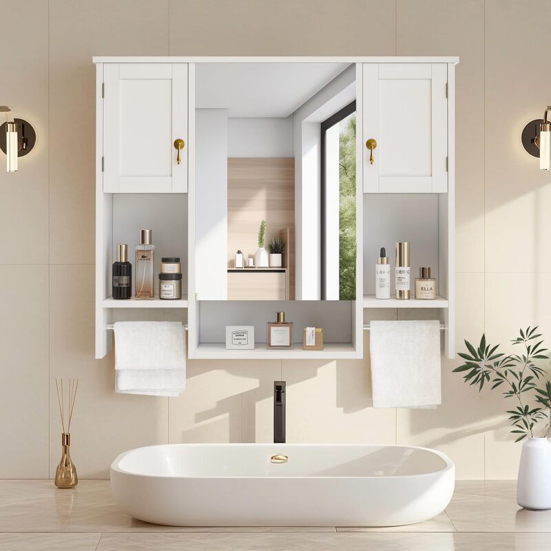 Bathroom Wall Cabinet Open Storage Mirror Medicine Cabinet Bathroom Laundry Room 2 Towel Rack White