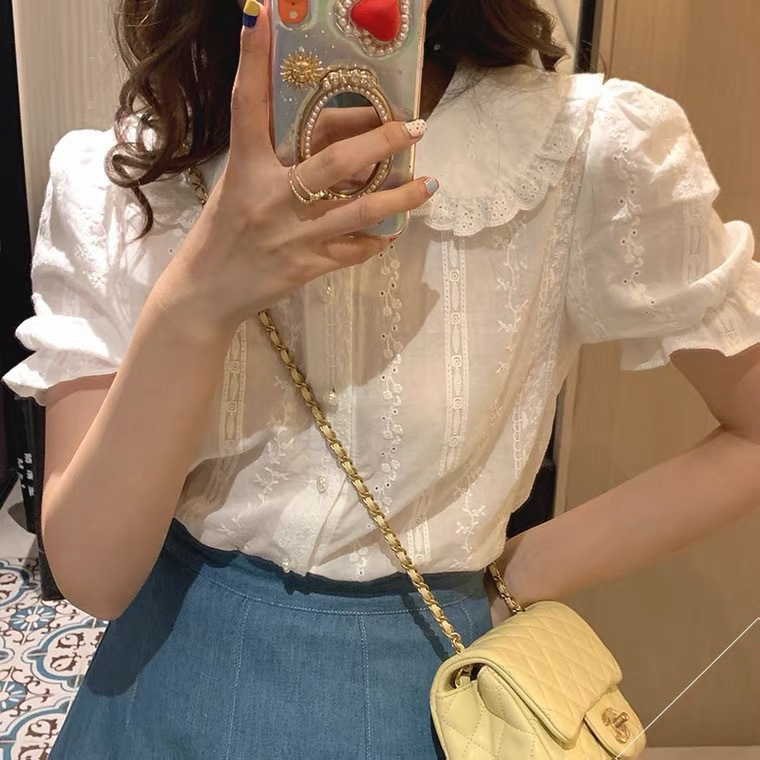 温柔风褶皱白色衬衣女春甜美娃娃领泡泡袖上衣2025新款|undefined