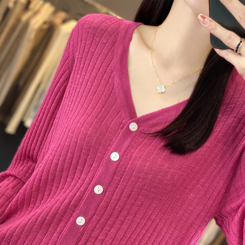 Summer New Knitted Cardigan v-neck Worsted Pit Strip Cotton and Linen Top Air-conditioned Room Outer Jacket Loose Sun Protection Clothing
