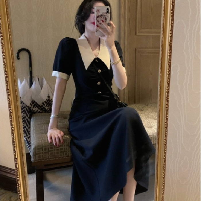 2025法式复古收腰长裙赫本风小黑裙高级黑色大衣连衣裙夏季长款