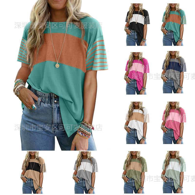 2025 유럽과 미국 아마존 국경 간 여성 봄과 여름 새로운 풀오버 크루 넥 캐주얼 스트라이프 컬러 콘트라스트 컬러 짧은 소매 티셔츠