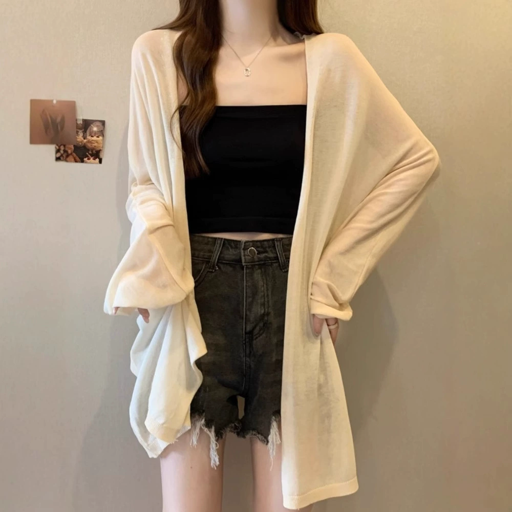 Летний кардиган из ледяного шелка для женщин, защита от солнца, новинка 2025 года, тонкая шаль, верхняя одежда средней длины, свободный крой, стройнящий эффект, большой размер