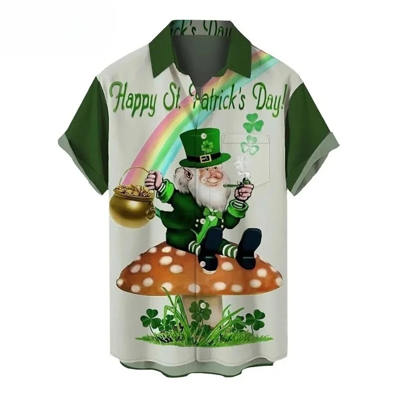 St. Patrick's Day Pattern Hawaiian Shirt Men's Clover Green Hat 3D Printed Short-Sleeved Casual Lapel