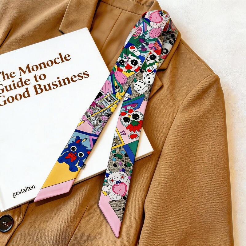 Silk Scarf for Women, Narrow and Long, Double-Layered Diagonal Scarf, Hangzhou Silk Hairband, Ribbon for Tying Bags, Spring and Autumn Korean Style Versatile Neck Scarf