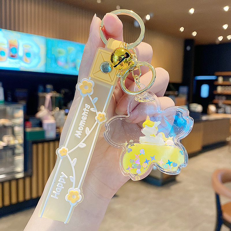 Púrpura estrella de cinco puntas líquido Quicksand llavero chica corazón flor de cerezo aceite colgante lindo tridimensional mochila adornos para mujeres