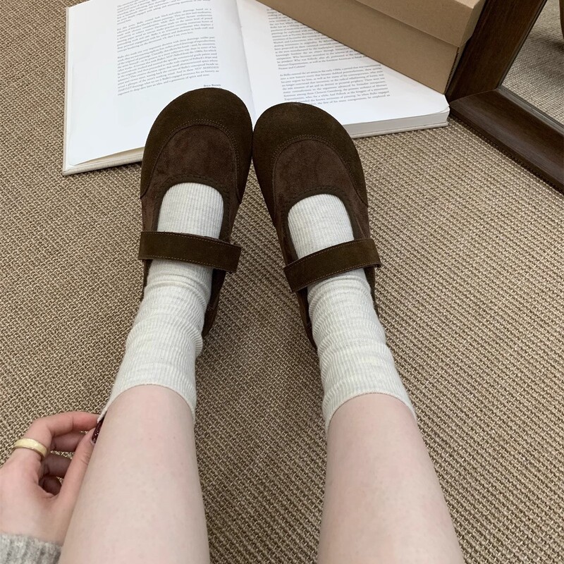 厚底スエードシューズ女性のための 2025 春夏新韓国スタイルレトロおばあちゃんの靴ベルクロ付きメリージェーンシューズ|undefined
