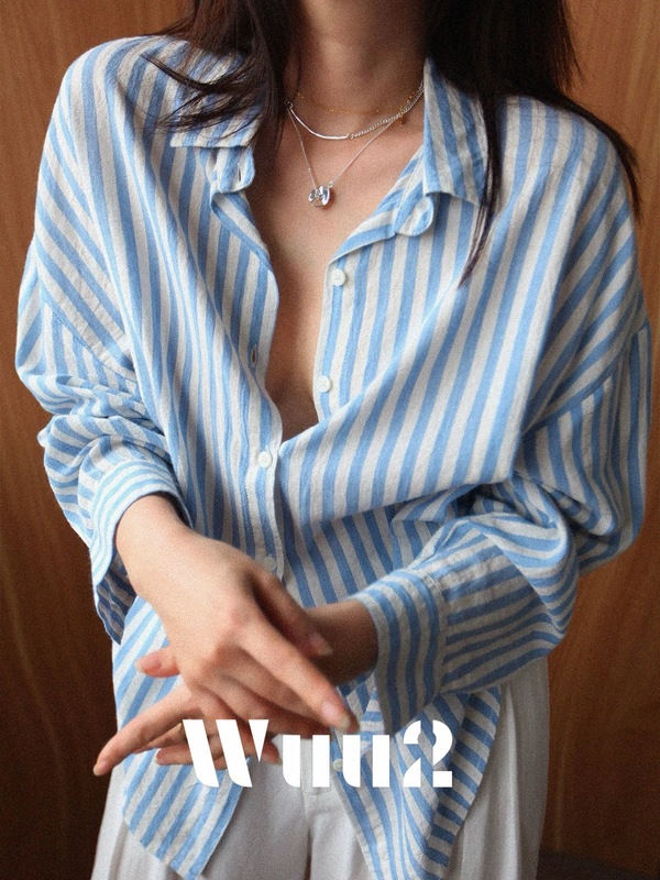 Wuu2 无尽之夏 软糯蓝色条纹棉麻衬衫女慵懒法式休闲宽松复古衬衣|undefined