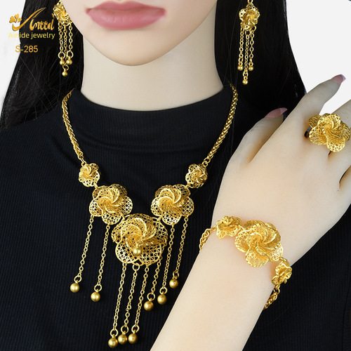  Dubai 24k Gold Plated Flower Hollow Jewelry Set Necklace Earrings Bracelet Ring Middle Eastern Dubai Accessories